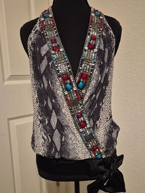bebe Snake-Print Halter Camisole with Beaded Trim in Gray, Turquoise & Red